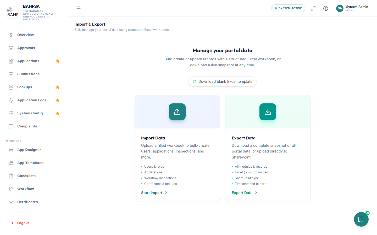 The Import / Export page