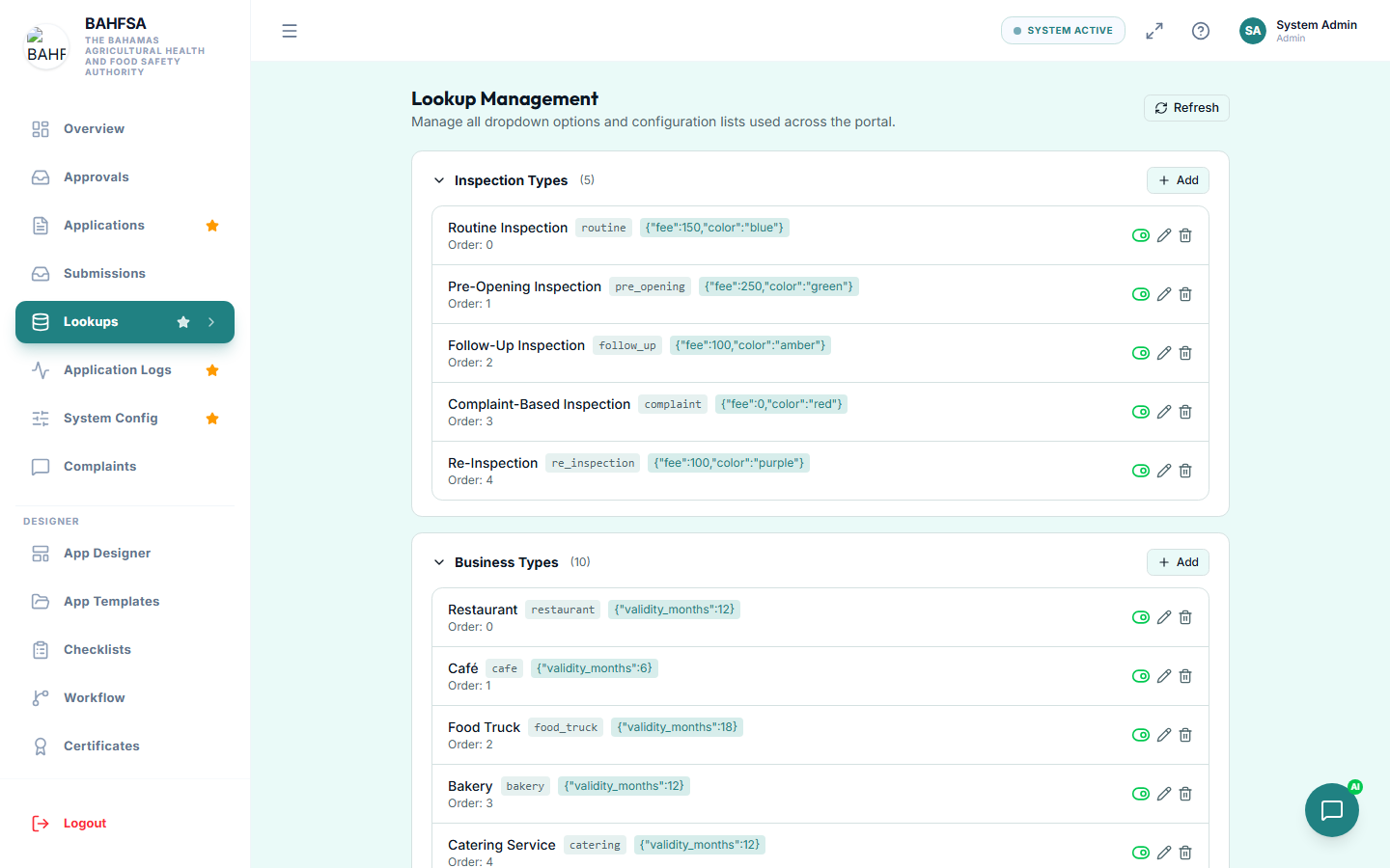 The Lookups screen