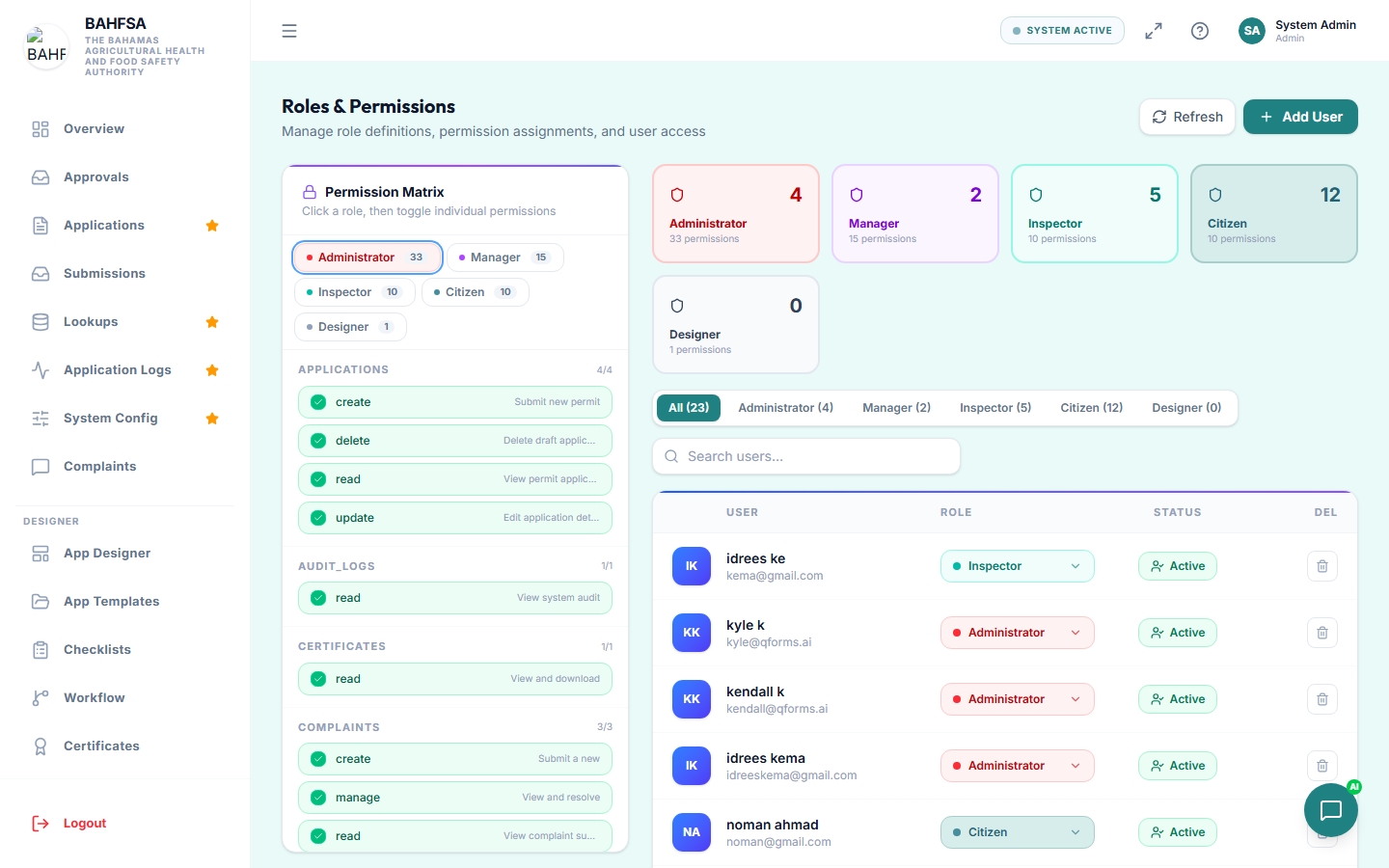 The Roles management screen