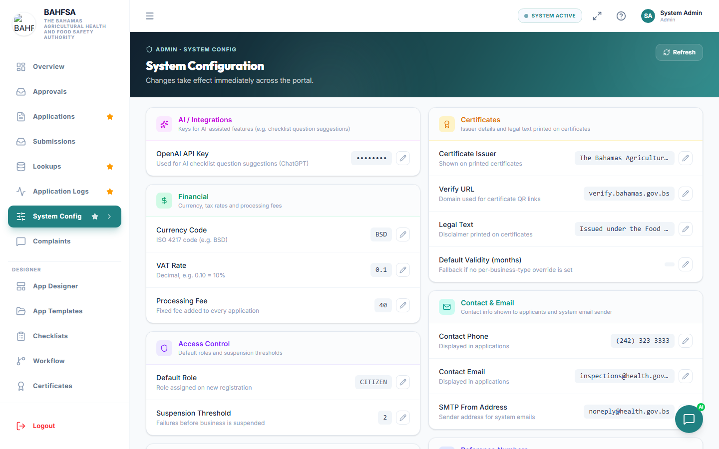 The System Config screen
