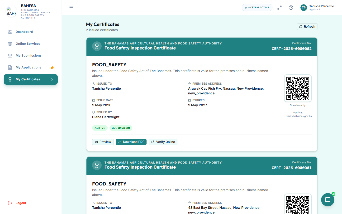 The My Certificates page