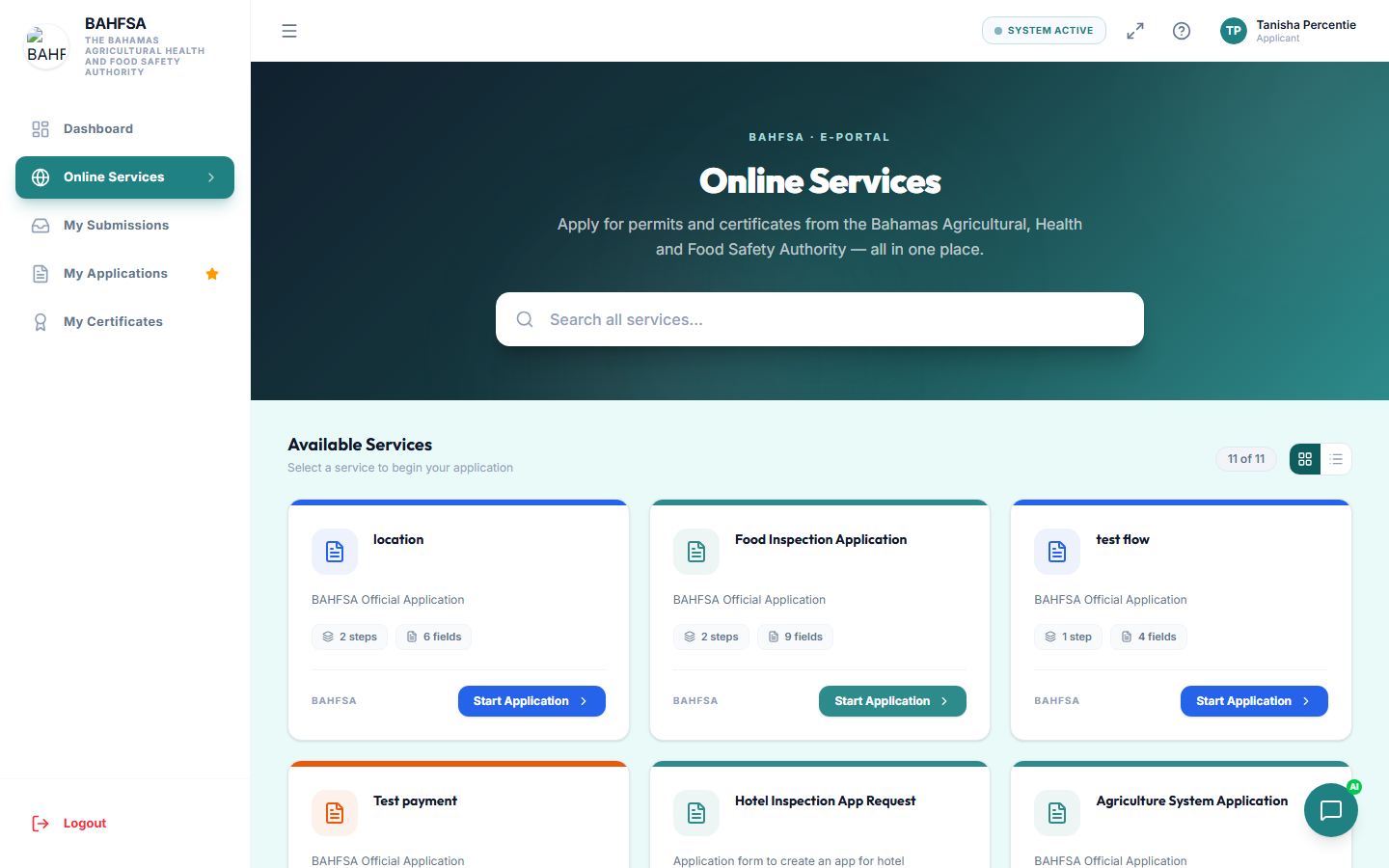 The Online Services page listing available services