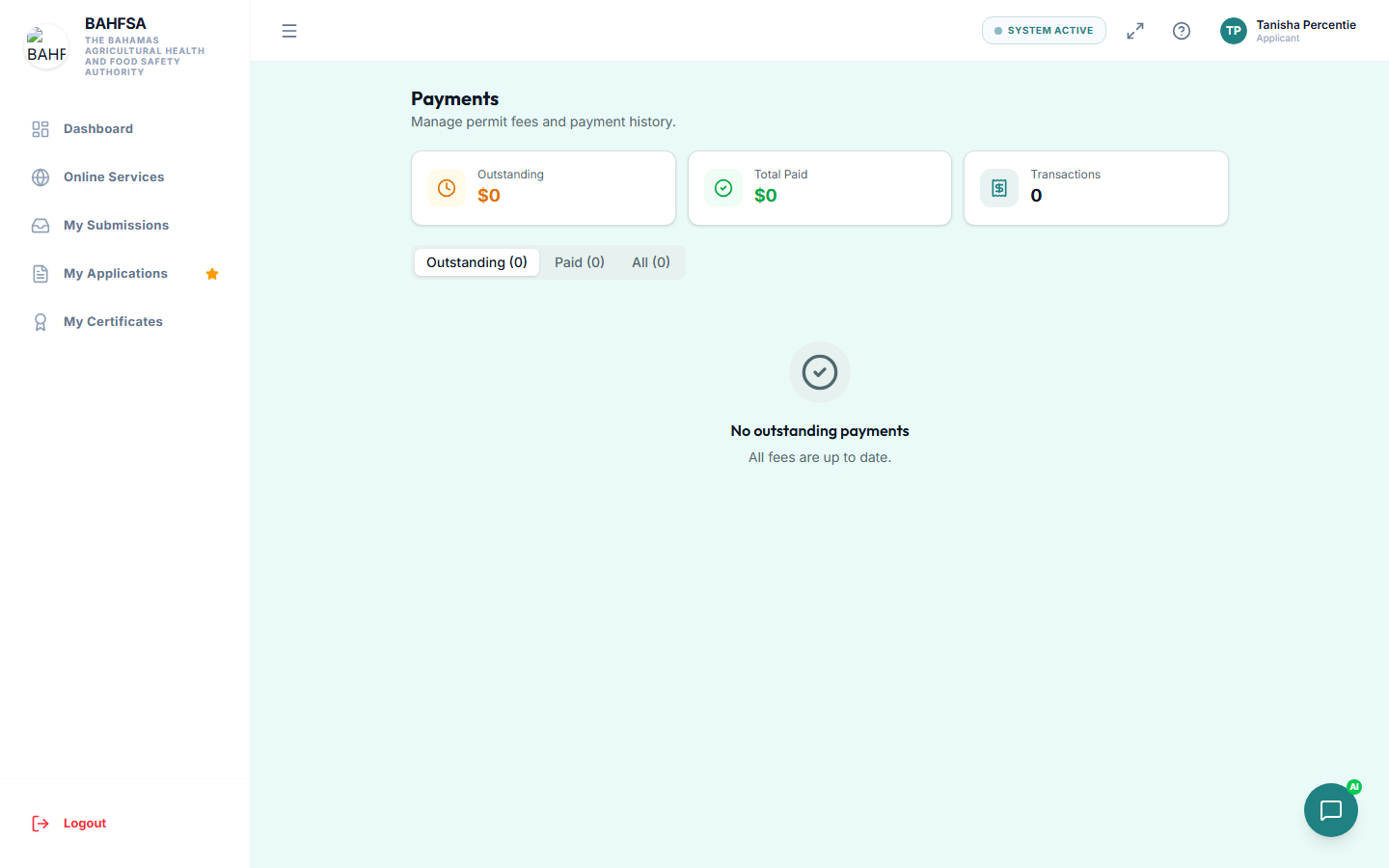 The payments screen
