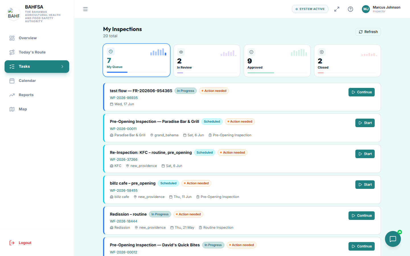 The inspector Tasks screen