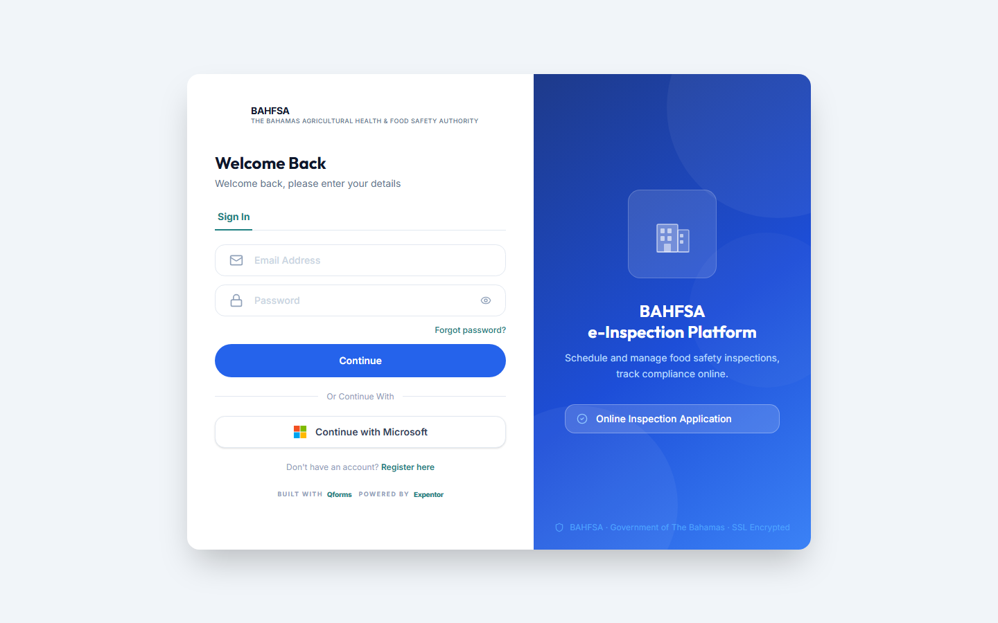 The BAHFSA Portal sign-in screen